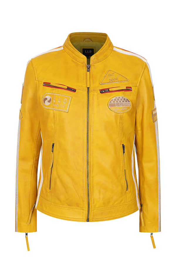 Women's yellow leather racing style jacket with red and white stripes by LLD Original, available in sizes 8-14